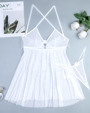 HELENA White Sheer Mesh Slip Dress With Rhinestones And Bow On The Back