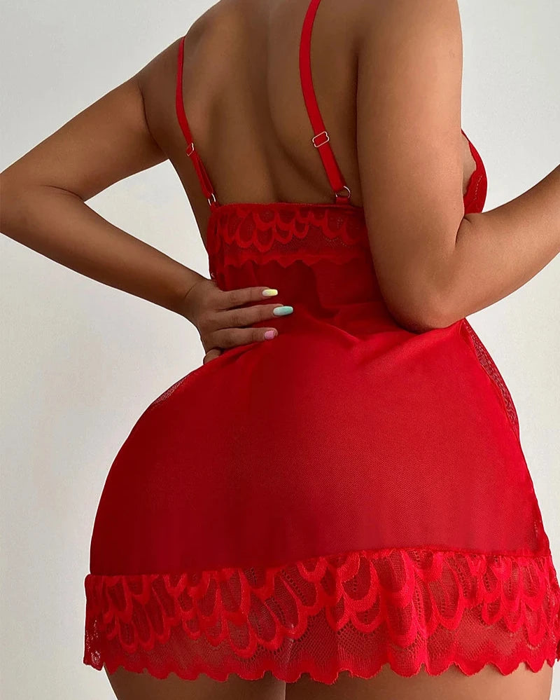 BELLA Red V-Neck Lace And Sheer Mesh Slip Dress