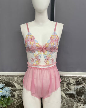 MARIA Sheer Mesh Sleepwear Bodysuit Embroidered With Flowers And Butterflies