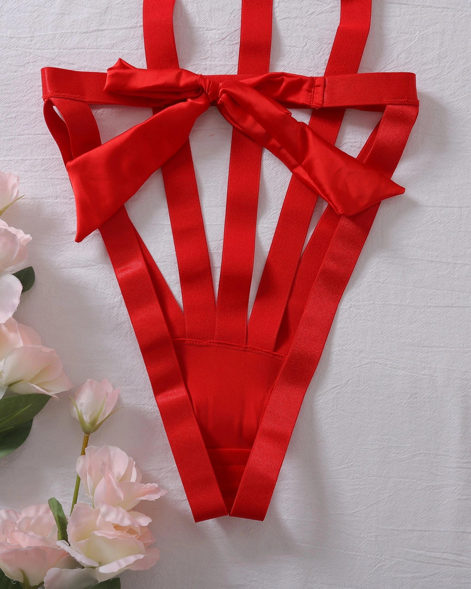 ANGEL Satin Bodysuit with Red Bow Adjustable Straps and Underwire Bra