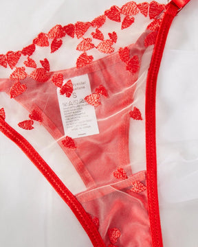 Conjunto de lencería sexy de malla transparente roja con corazones de SABINE