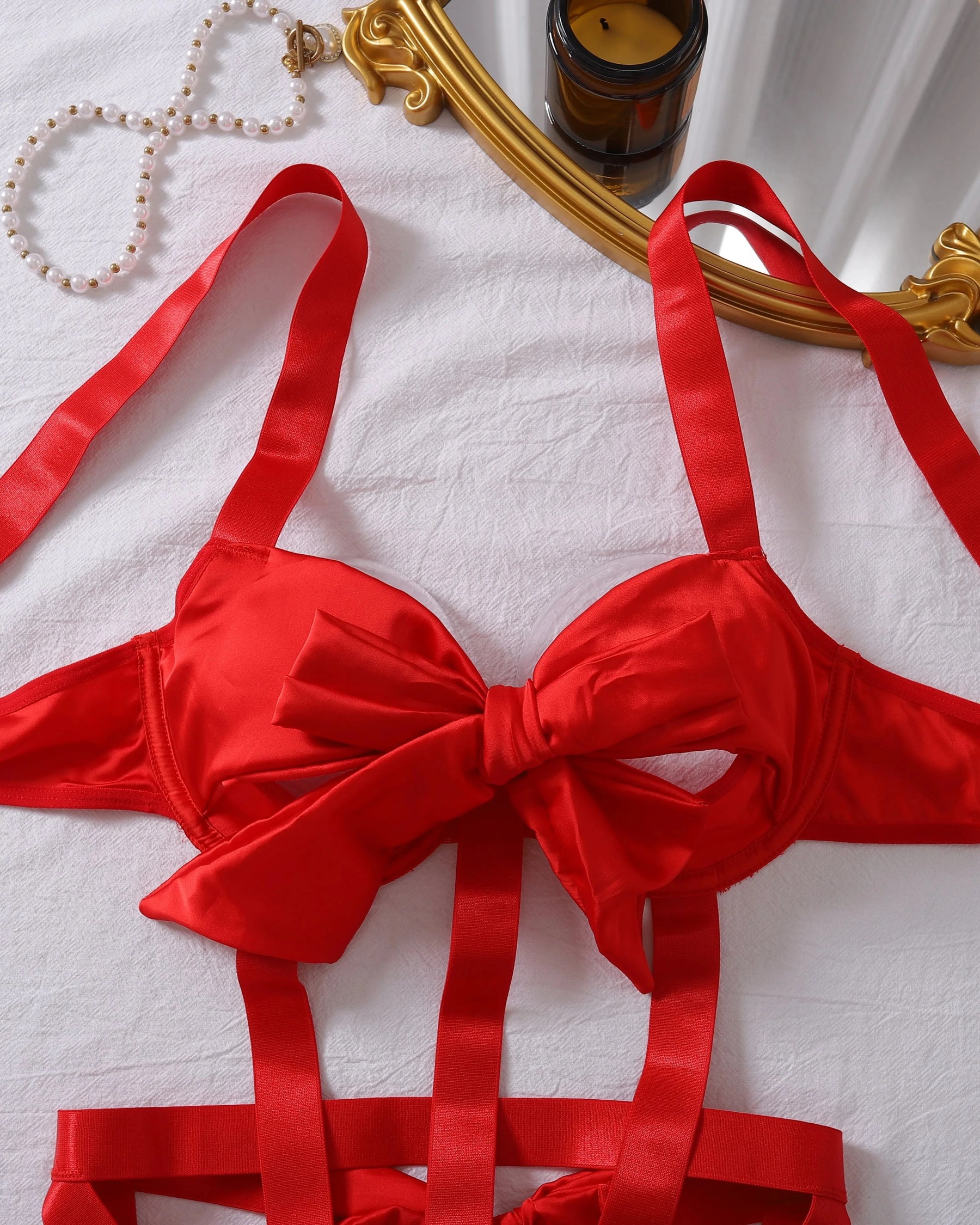 ANGEL Satin Bodysuit with Red Bow Adjustable Straps and Underwire Bra