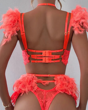 DELPHINE Neon Orange Lace Lingerie Set With Feathers