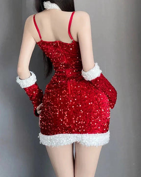 NOELLE Shiny Red Christmas Dress With Bow Gloves Neck Ring And Reindeer Tiara