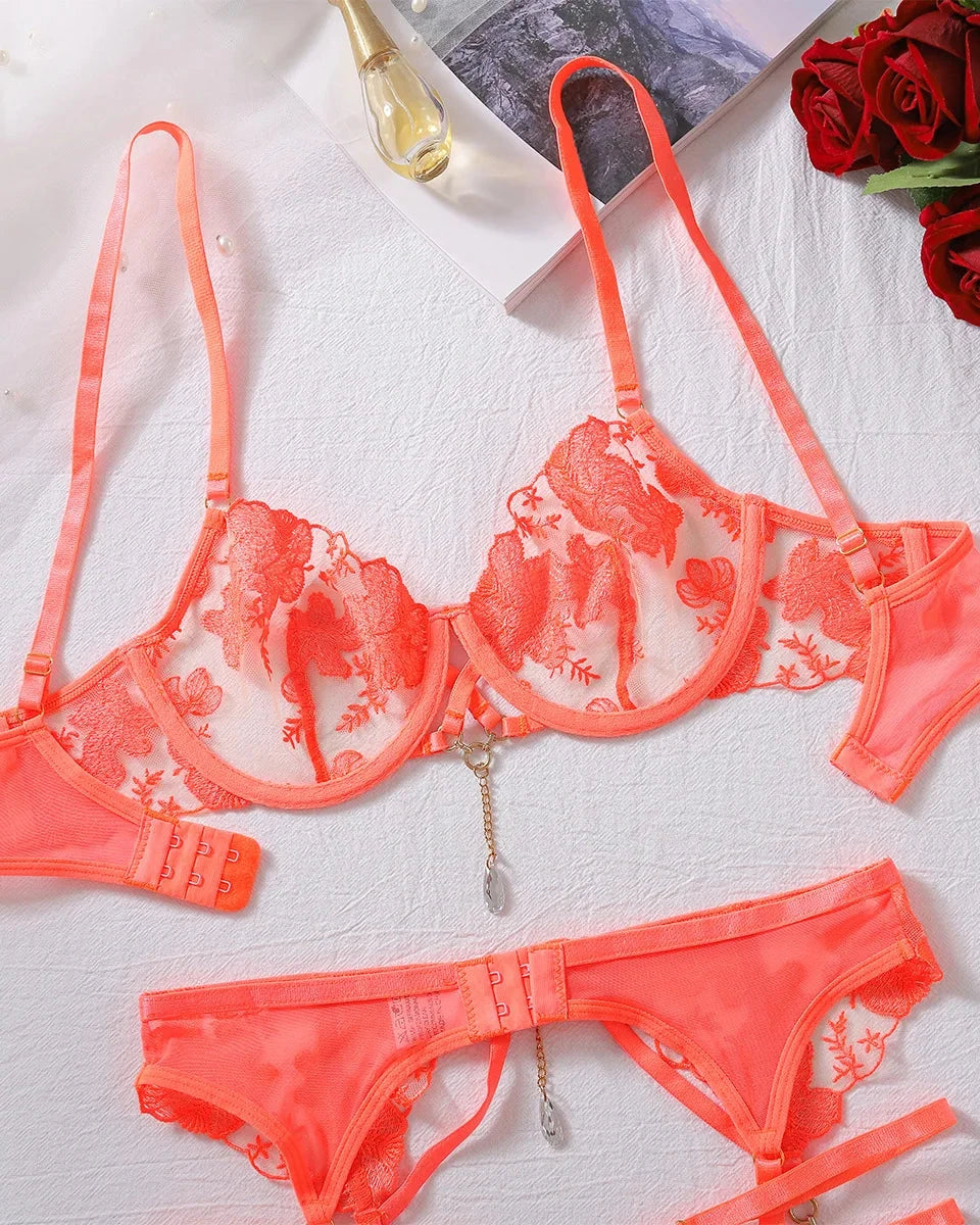 VÉRONIQUE Neon Orange Sexy Lingerie Set With Garter Belt