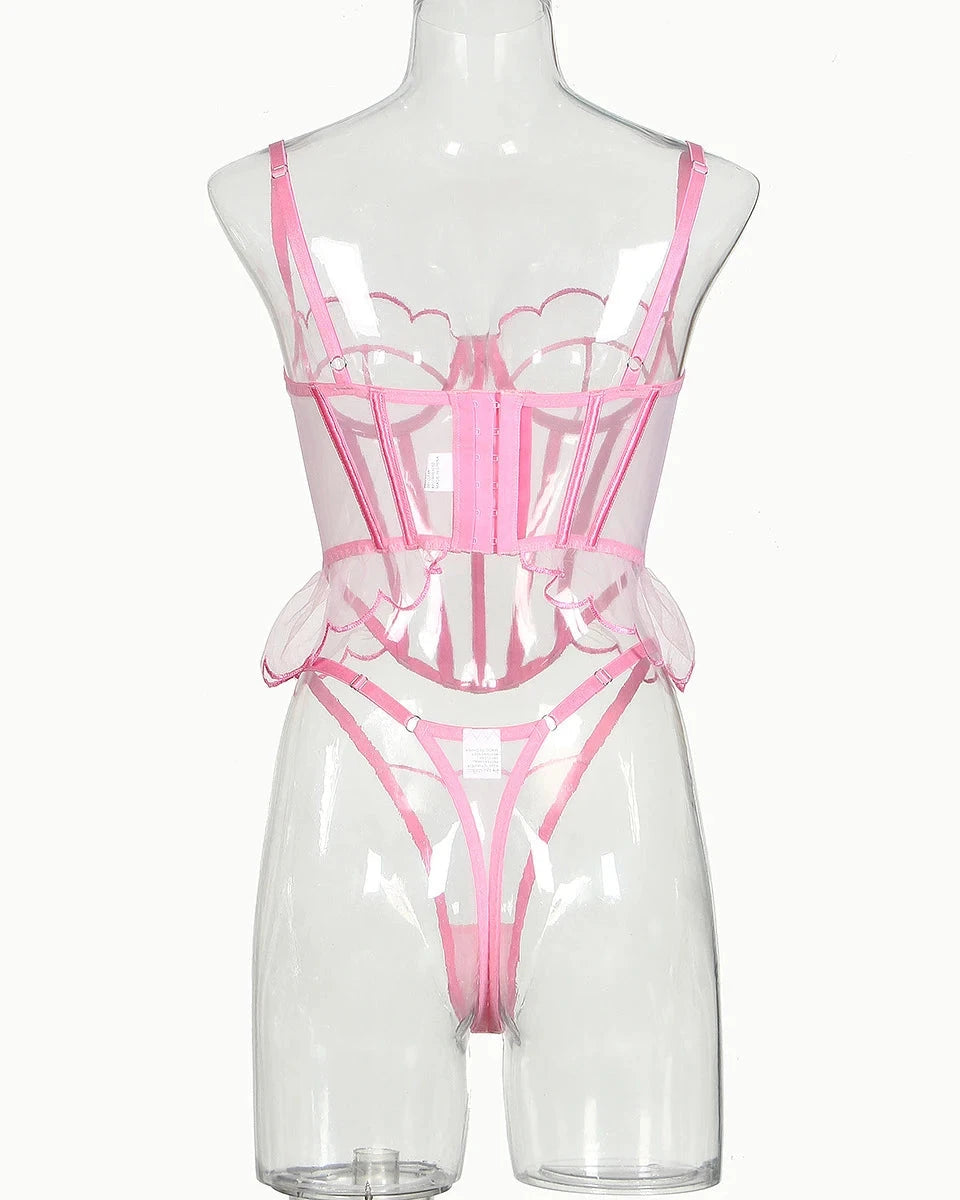 SERENITY Delicate Pink Sheer Mesh Lingerie Corset Set