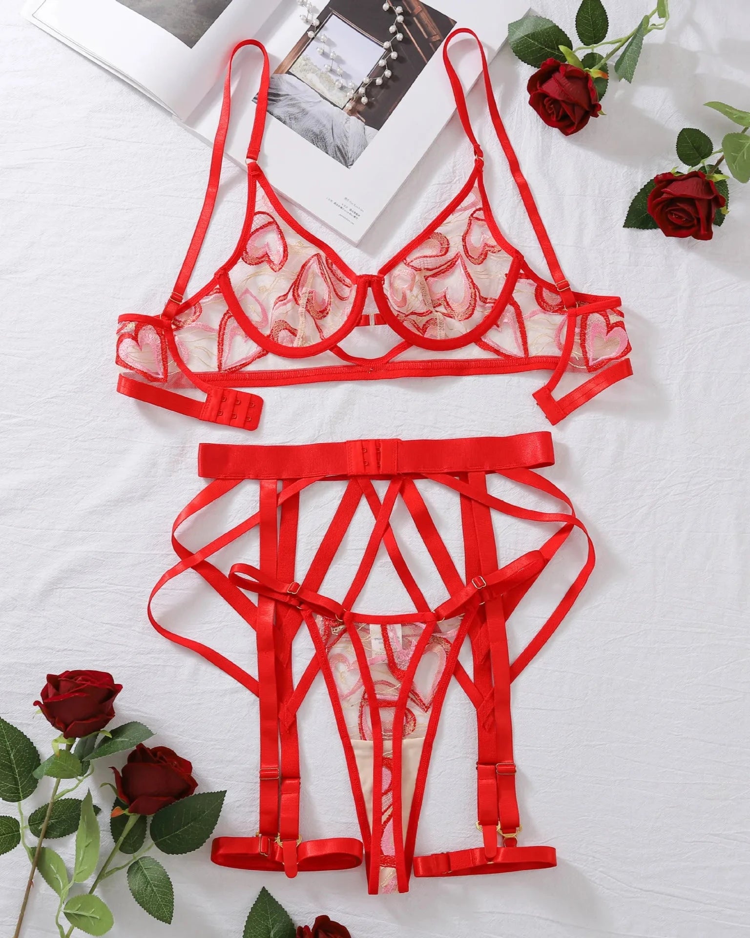 CLÉMENCE Red Hearts Sheer Mesh Lingerie Set