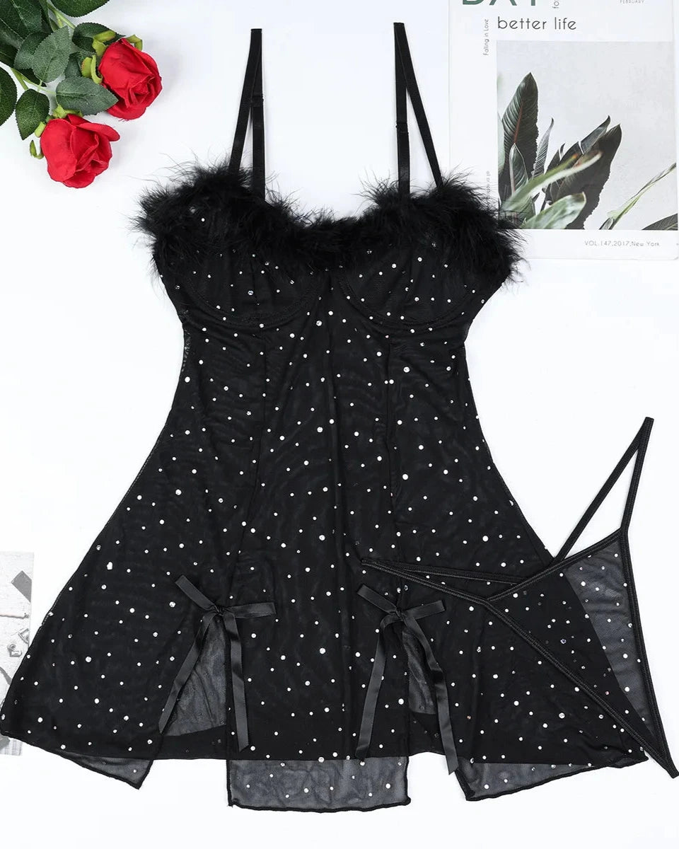 LAYLA Black Sheer Mesh Slip Dress With Rhinestones And Underwire Bra