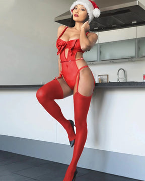 LYDIA Sexy Christmas Sheer Mesh Bodysuit With Red Bow and Stocking