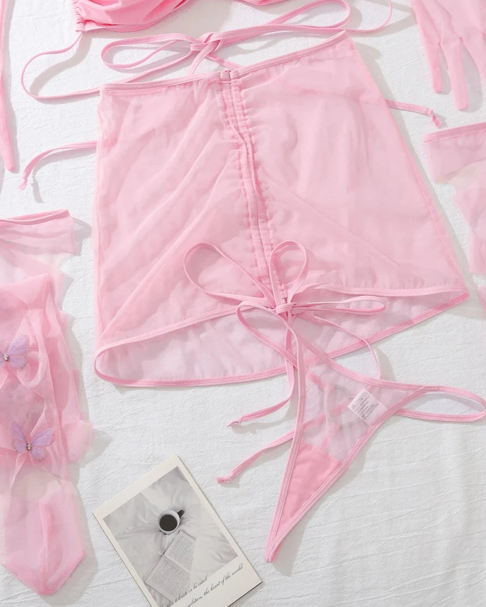 ALICIA Delicate Pink Lingerie Set With Gloves And Stockings With Butterfly Details