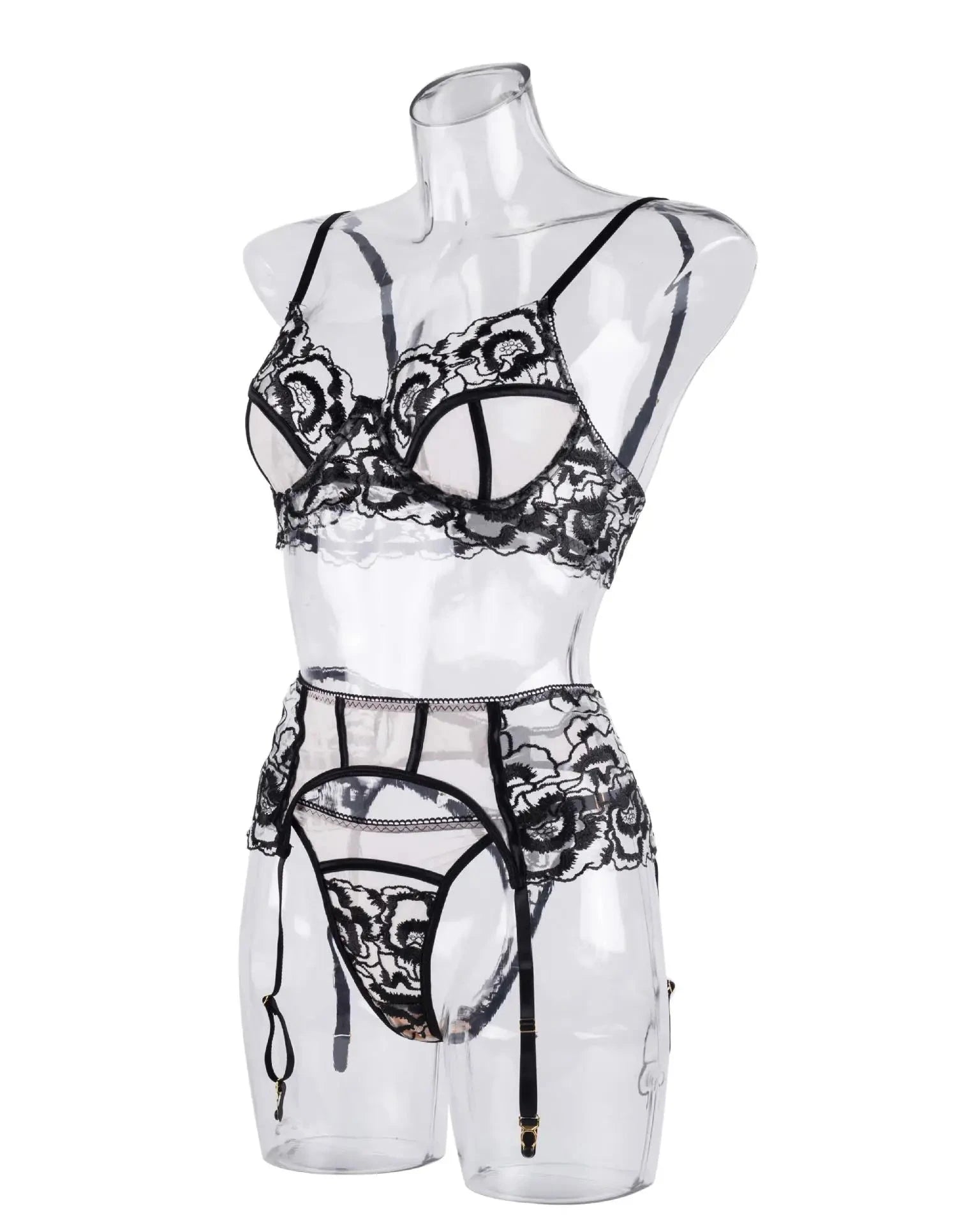 FRANÇOISE Lingerie Set In Sheer Mesh With Black Floral Detail