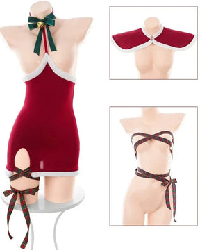 EVE Sexy Red Christmas Set With Lace Up Dress Reindeer Tiara Cape Belt And Panties