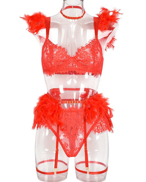 DELPHINE Neon Orange Lace Lingerie Set With Feathers