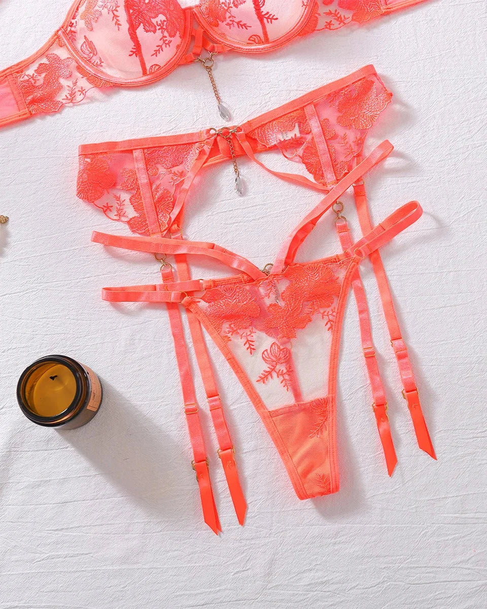 VÉRONIQUE Neon Orange Sexy Lingerie Set With Garter Belt