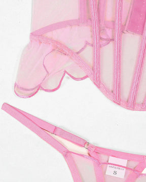 SERENITY Delicate Pink Sheer Mesh Lingerie Corset Set