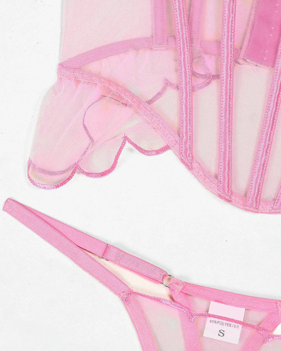 SERENITY Delicate Pink Sheer Mesh Lingerie Corset Set