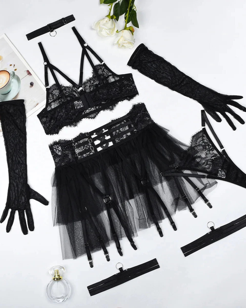 MARGAUX Black Lace Lingerie Set With Long Gloves