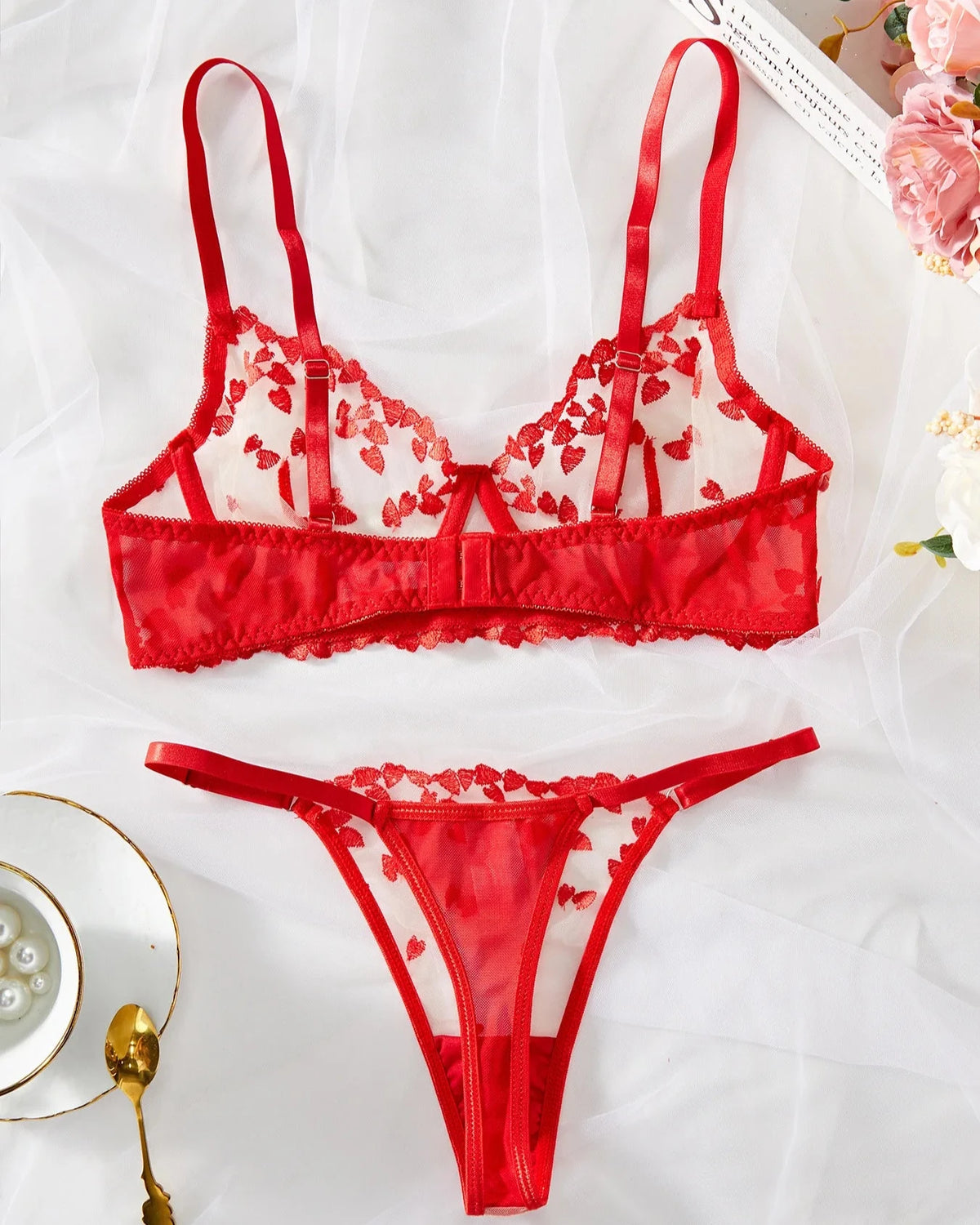 SABINE Sexy Red Sheer Mesh Lingerie Set With Hearts