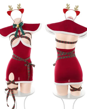 EVE Sexy Red Christmas Set With Lace Up Dress Reindeer Tiara Cape Belt And Panties