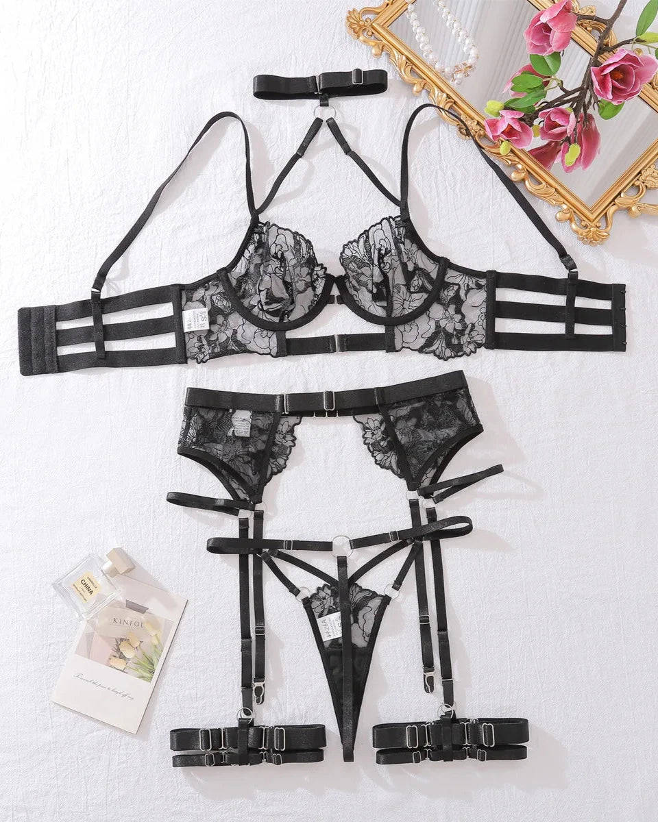 MIKAELA Black Sexy Lingerie Set With Garter Belt