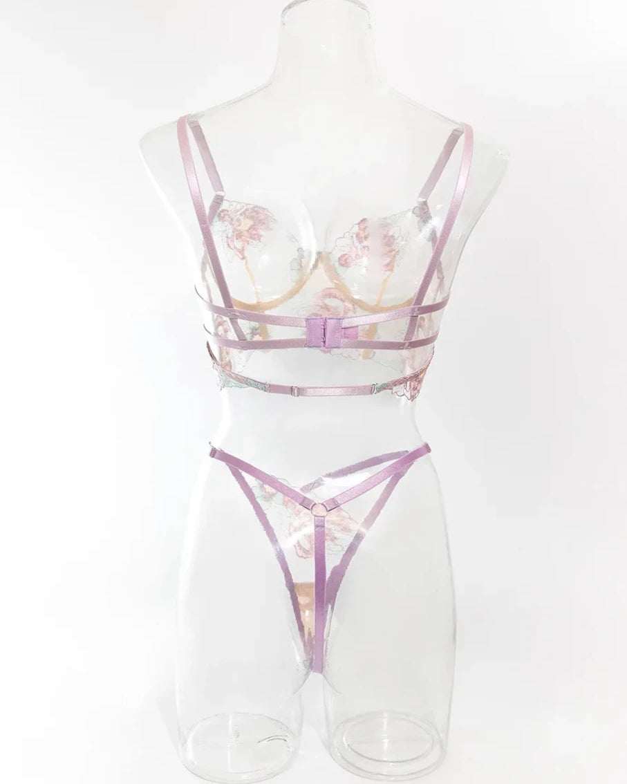 CHANTAL Floral Sheer Mesh Corset Lingerie Set