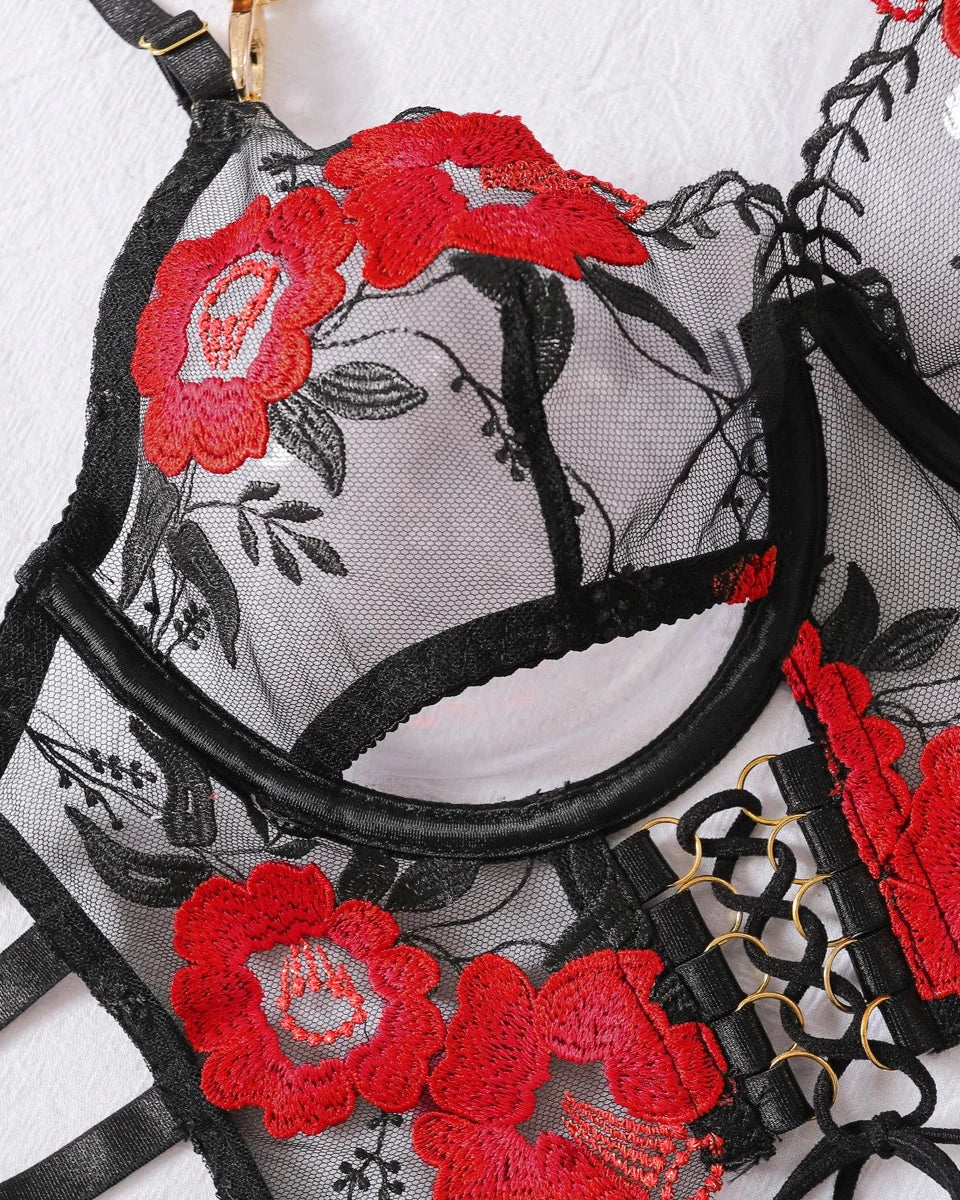 PAULINE Sexy Black Corset Lingerie Set With Red Flowers