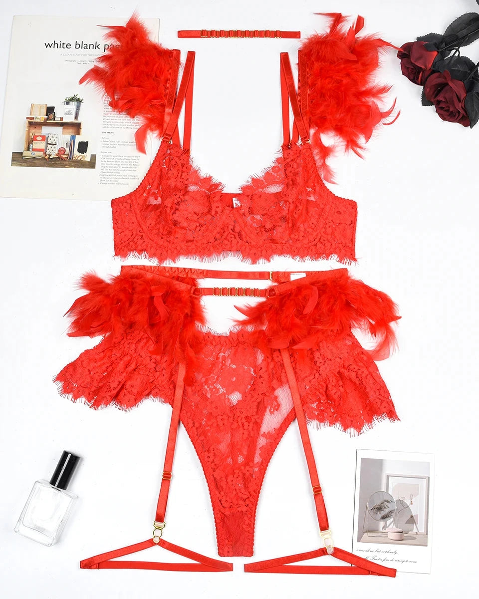 DELPHINE Neon Orange Lace Lingerie Set With Feathers