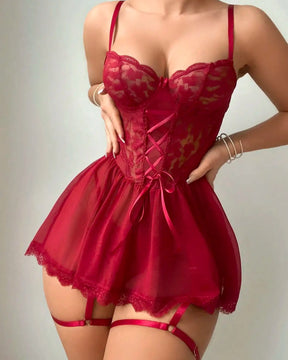 ARIA Lace And Sheer Mesh Corset Slip Dress With Underwire Bra