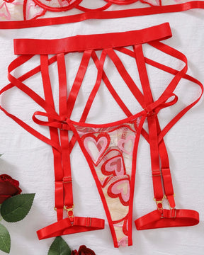 CLÉMENCE Red Hearts Sheer Mesh Lingerie Set