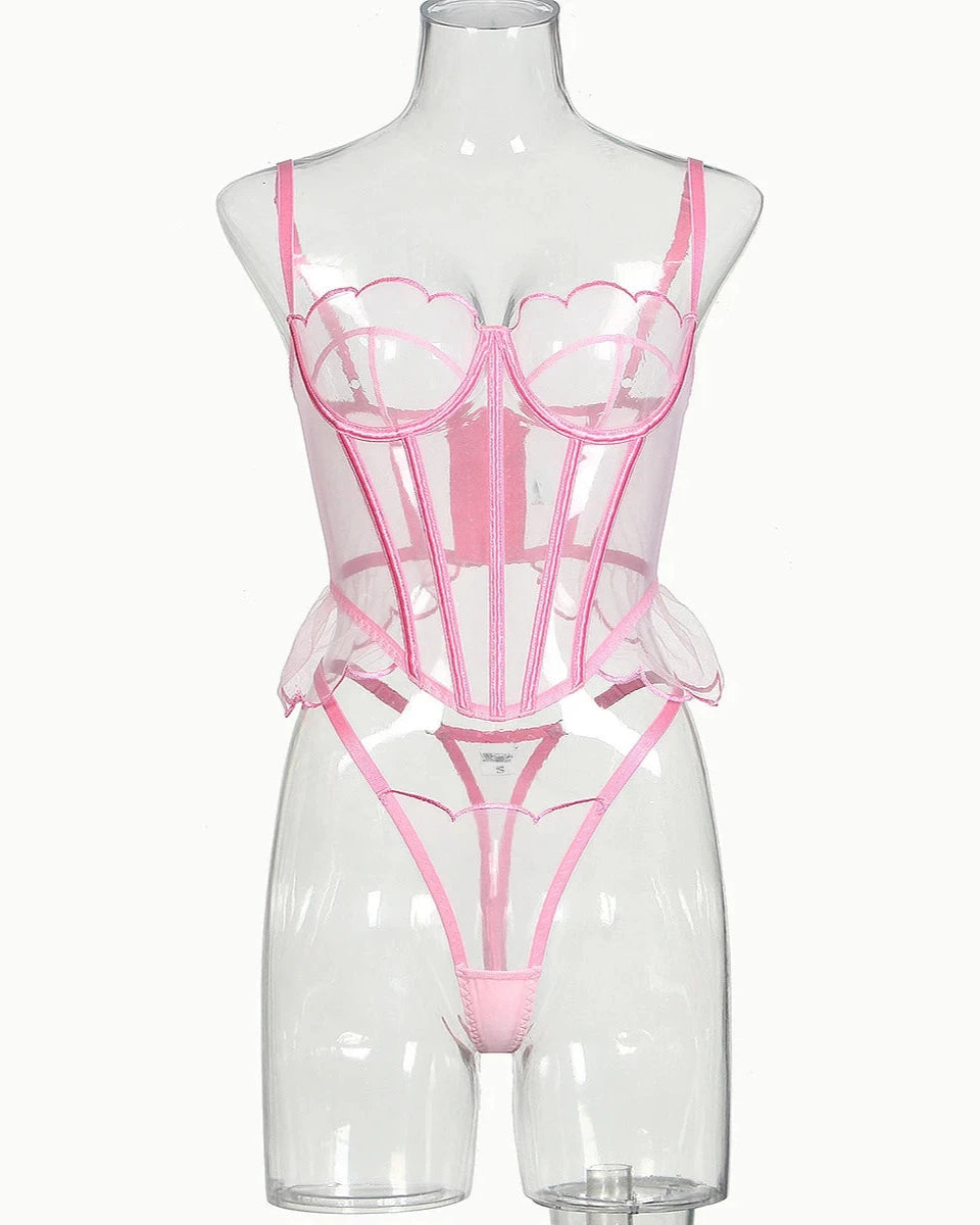 SERENITY Delicate Pink Sheer Mesh Lingerie Corset Set