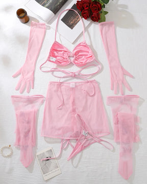 ALICIA Delicate Pink Lingerie Set With Gloves And Stockings With Butterfly Details