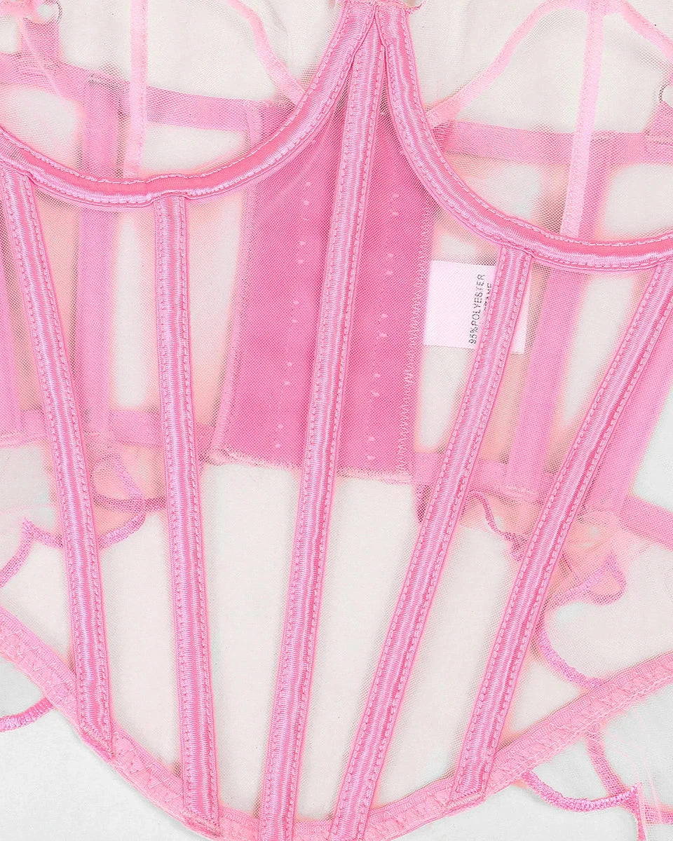 SERENITY Delicate Pink Sheer Mesh Lingerie Corset Set