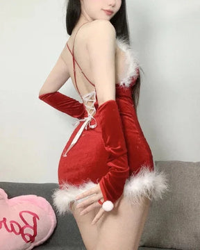 ANGELA Sexy Red Lace Velvet Christmas Dress With Gloves