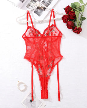 CINDY Sexy Red Sheer Mesh Bodysuit With Adjustable Straps And Underwire Bra