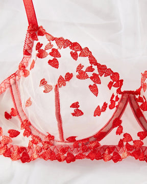 Conjunto de lencería sexy de malla transparente roja con corazones de SABINE