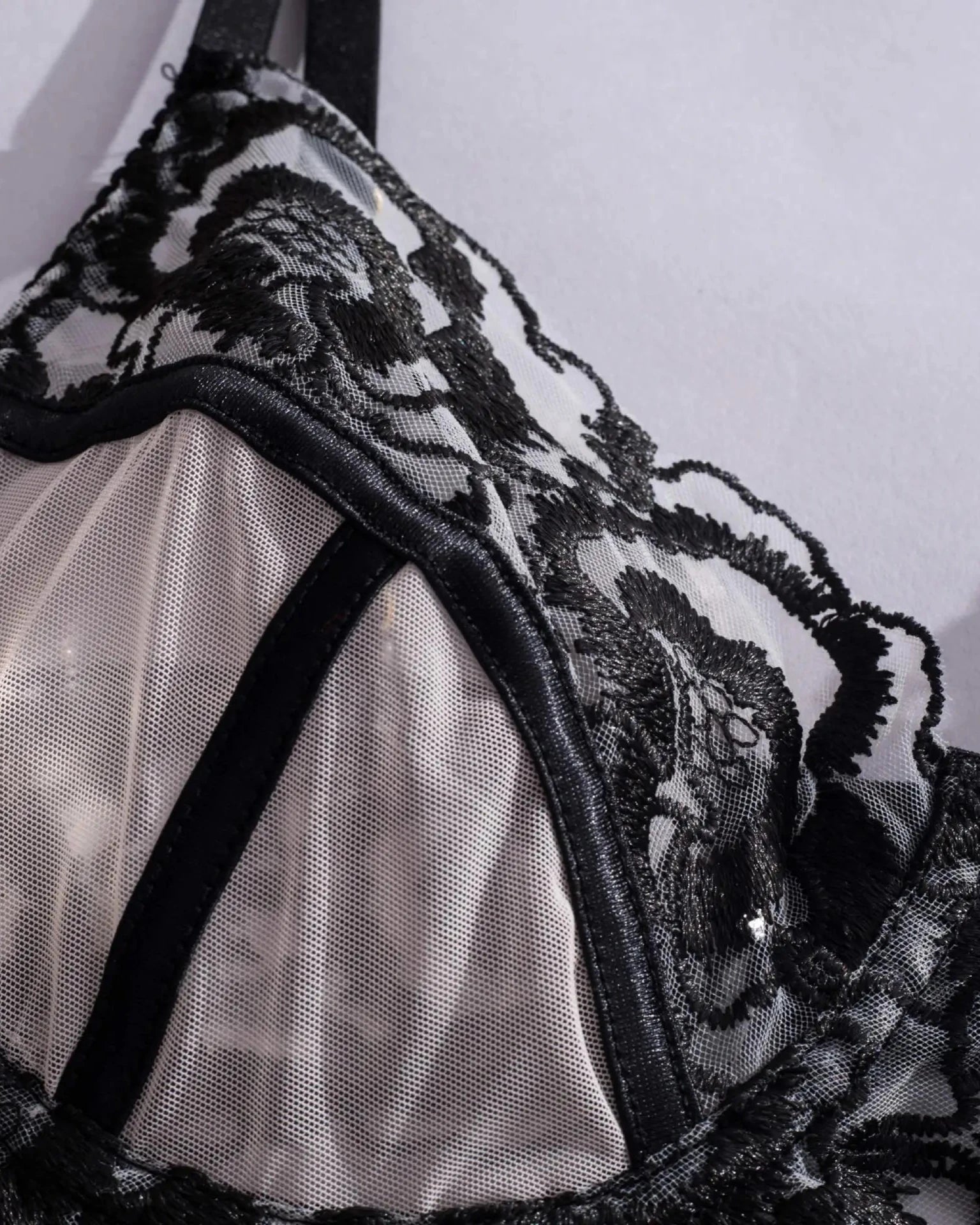 FRANÇOISE Lingerie Set In Sheer Mesh With Black Floral Detail