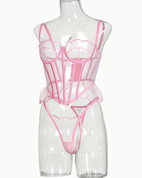 SERENITY Delicate Pink Sheer Mesh Lingerie Corset Set