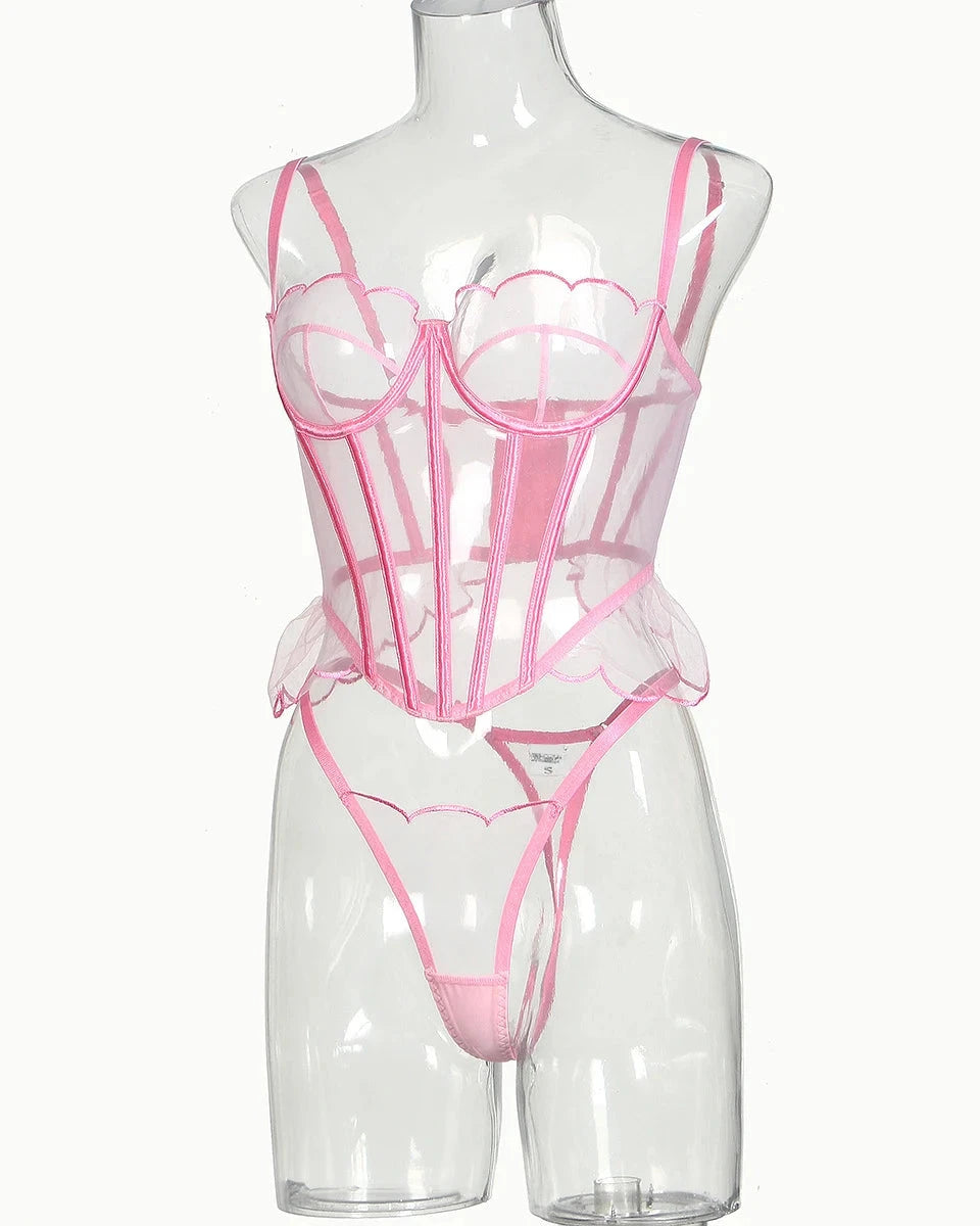 SERENITY Delicate Pink Sheer Mesh Lingerie Corset Set