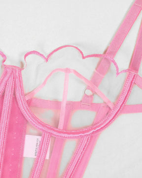 SERENITY Delicate Pink Sheer Mesh Lingerie Corset Set