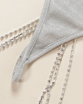 ALBA Silver Sparkle Lingerie With Rhinestones Bra Panties And Garter Set