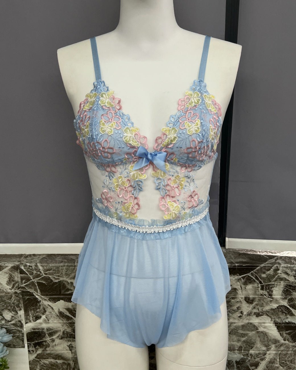 MARIA Sheer Mesh Sleepwear Bodysuit Embroidered With Flowers And Butterflies