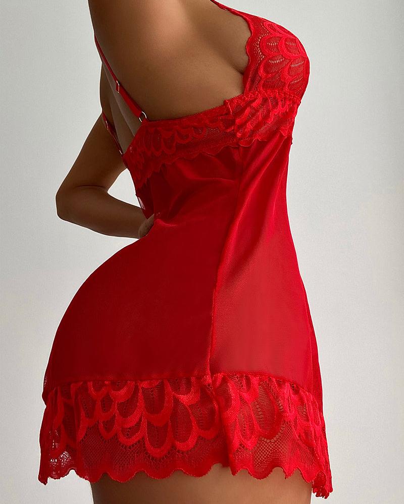 BELLA Red V-Neck Lace And Sheer Mesh Slip Dress